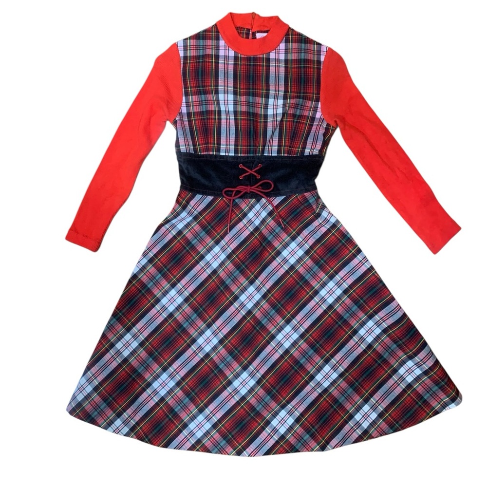 Vintage 70’s Ruth of Carolina mock neck plaid big kids dress